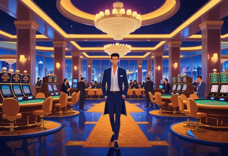 해외 유명 카지노 내부에서 세련된 복장을 한 사람이 룰렛 테이블과 슬롯머신이 있는 고급스러운 공간에 서 있는 모습