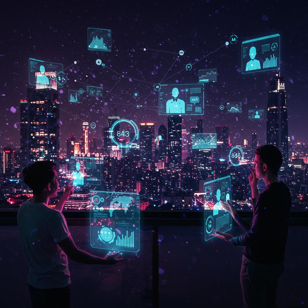 밤의 도시 스카이라인을 바라보며 서 있는 두 사람의 실루엣 앞에 프로필, 차트, 데이터 분석이 표시된 여러 개의 청록색 홀로그램 스크린이 떠 있는 사이버펑크 스타일의 미래 도시 장면