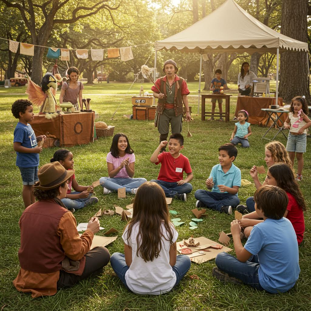 야외 캠프장에서 아이들이 원을 그리며 놀이 수업을 듣는 장면, 온카스터디가 전하는 창의 체험형 교육의 즐거움