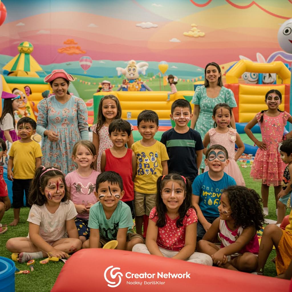 실내 놀이 공간에서 얼굴에 페이스페인팅을 한 아이들이 함께 웃는 장면, 온카스터디가 소개하는 어린이 창의력 축제