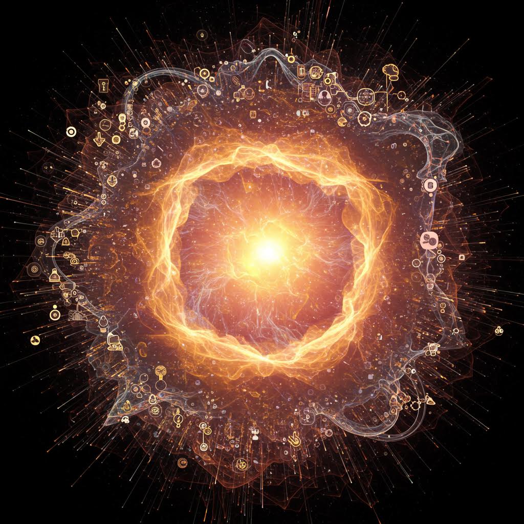 검은 배경에 중앙의 밝게 빛나는 황금색 에너지 소용돌이를 중심으로 기하학적 패턴, 원형 심볼, 빛의 선들이 폭발적으로 퍼져나가는 신비로운 우주적 만다라 또는 에너지 포털 디지털 아트