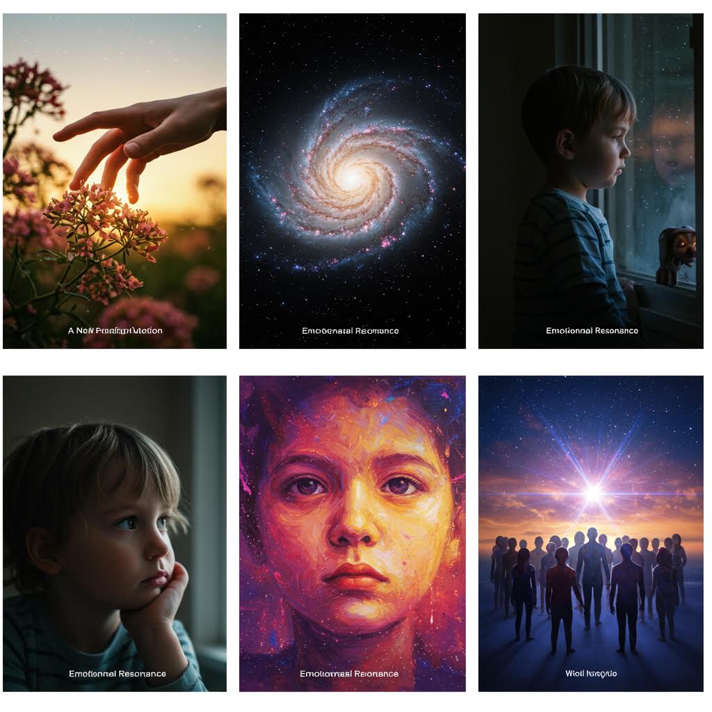 등의 캡션이 있는 6개 이미지 콜라주 - 일몰 속 꽃에 손을 뻗는 장면, 나선 은하, 창밖을 바라보는 아이들, 우주적 얼굴 초상, 별이 빛나는 하늘 아래 사람들의 실루엣 등 감성적이고 영적인 주제의 이미지들