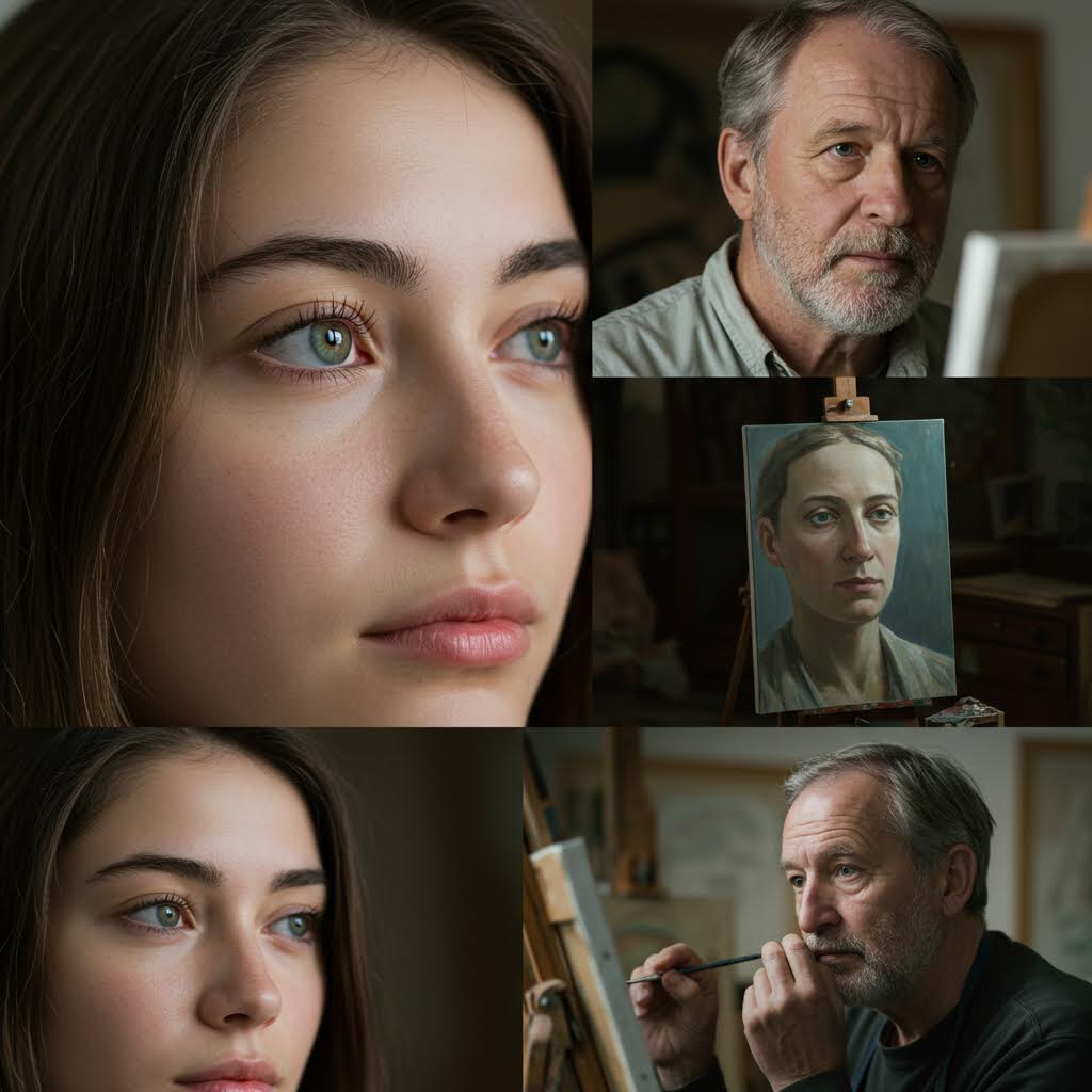 젊은 여성의 클로즈업 초상과 중년 남성 화가가 이젤 앞에서 초상화를 그리는 모습을 담은 4개 장면 - 예술적 창작 과정과 모델-화가 관계를 보여주는 영화적 스타일의 사진 콜라주