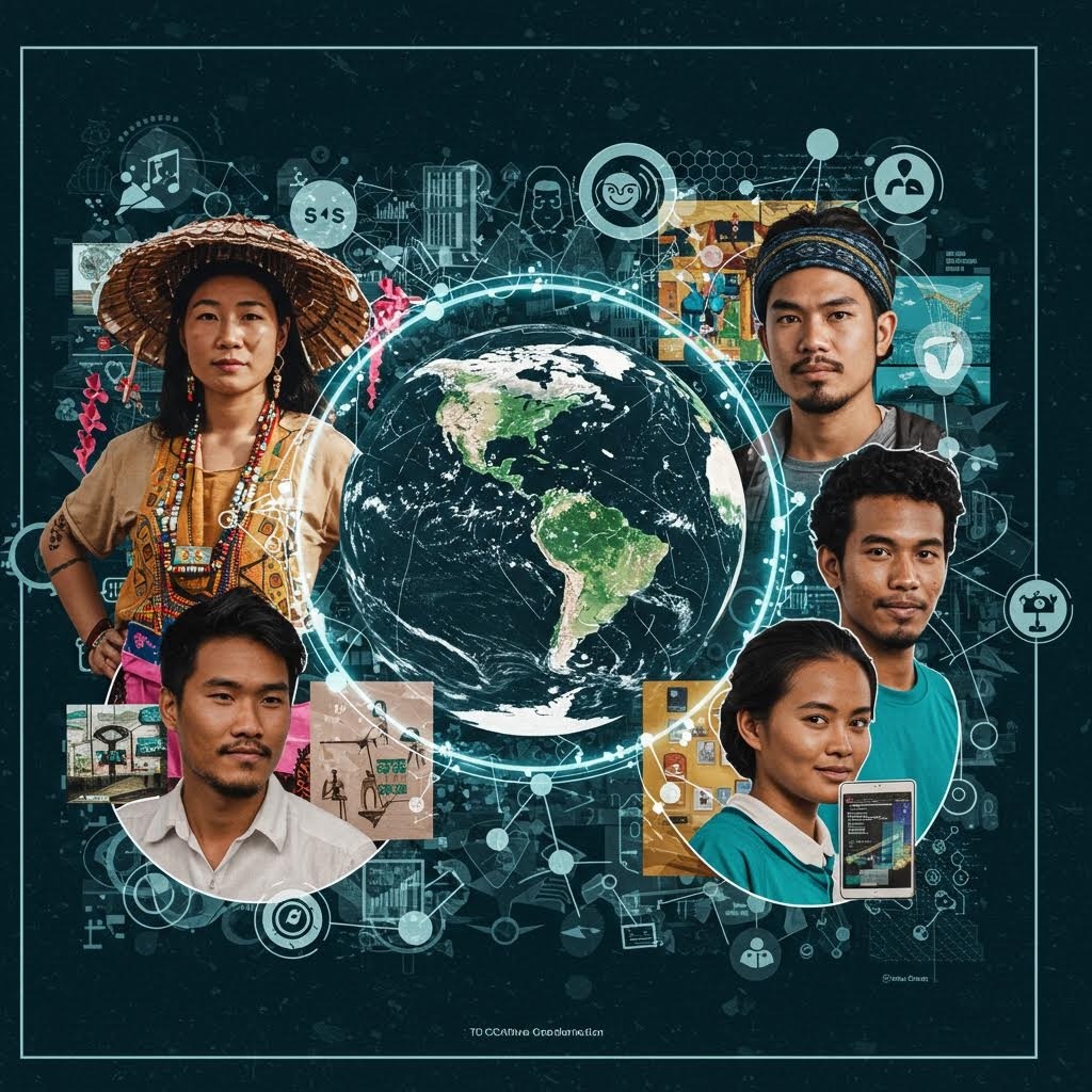 중앙의 지구본 주위에 배치된 다양한 아시아 문화권 사람들의 초상화, 전통 의상과 현대 의상을 입은 모습으로 디지털 기술 아이콘과 함께 글로벌 문화 다양성을 표현