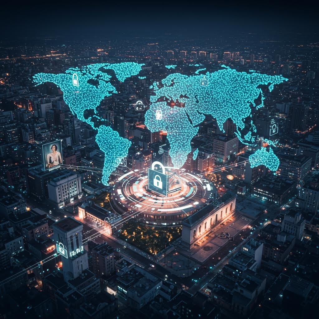 야간 도시 상공에 투사된 청록색 네온 세계 지도, 중앙에 자물쇠 아이콘이 있는 플랫폼으로 글로벌 사이버 보안과 데이터 보호를 상징하는 미래형 디지털 개념