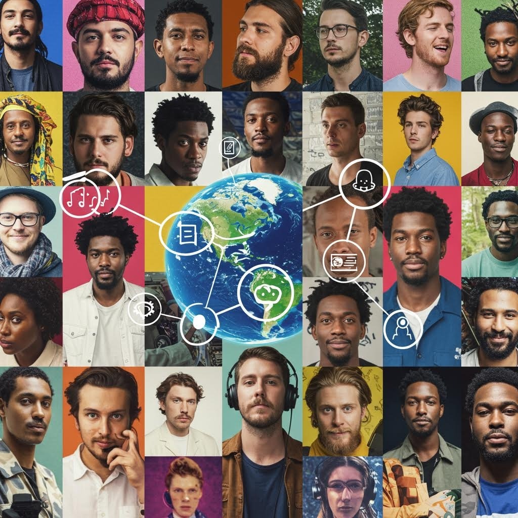 다양한 인종과 민족의 남성 초상화 콜라주, 중앙에 지구본과 글로벌 연결 아이콘들이 배치되어 세계적 다양성과 디지털 커뮤니티를 상징