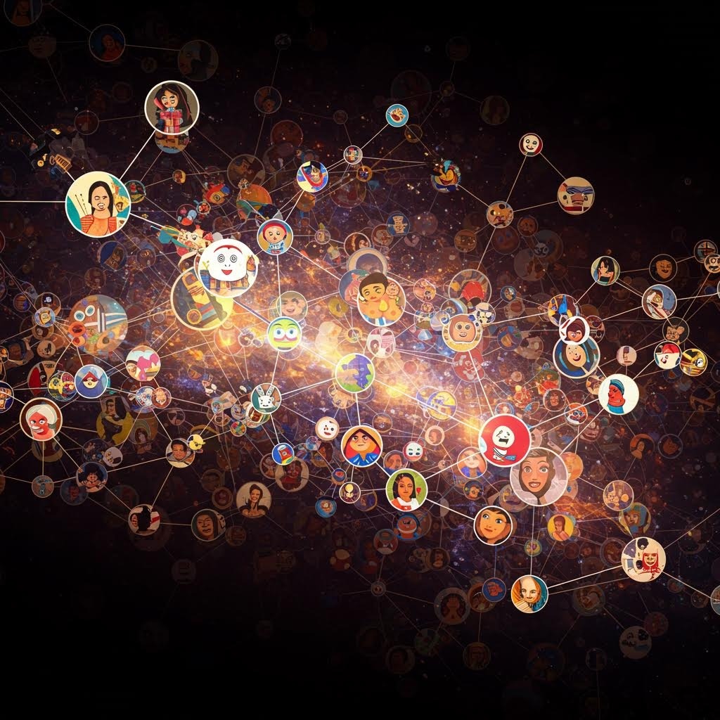 황금빛 빛나는 배경에 선으로 연결된 수많은 사람과 캐릭터 아바타들의 네트워크, 소셜 미디어 연결과 온라인 커뮤니티의 복잡한 웹을 시각화한 추상적 표현