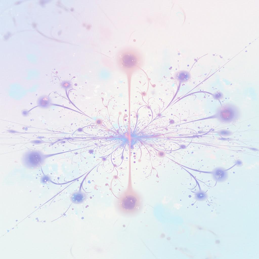 옅은 분홍빛과 보랏빛 선들이 중심에서 피어오르며 에너지가 퍼져나가는 듯한 섬세한 흐름