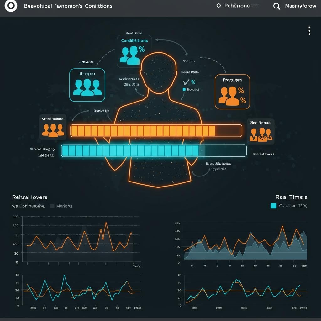행동 기능 조건 대시보드. 상단에 사람 실루엣을 중심으로 'Urgen'(청록, 3명), 'Progugen'(주황, 2명), 'Condiitleions'(청록, 2명, %표시) 등의 카테고리가 배치되고, 주황색과 청록색 프로그레스 바가 가로로 표시됨. 하단에 'Rehral lovers'와 'Real Time a' 영역의 4개 주황-청록 라인 차트. 어두운 배경에 'Beavotioal Fsynonion's Conittctions' 헤더