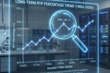 수십 년간의 RTP 비율 추이를 보여주는 그래프로, 확대경으로 강조된 한 지점과 장기적 흐름의 전체