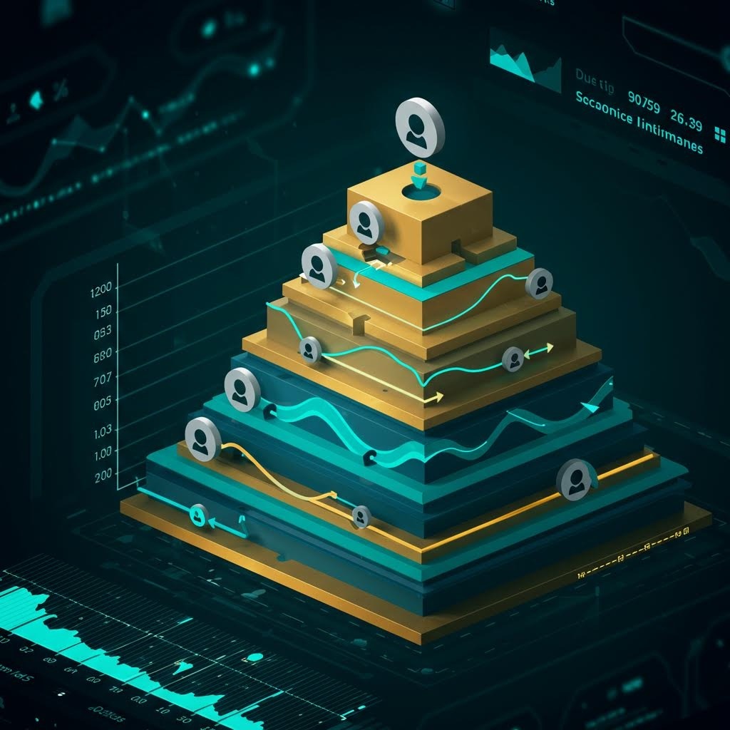 계층형 사용자 피라미드의 3D 아이소메트릭 뷰. 황금색과 청록색 레이어가 번갈아 쌓여있고, 각 층에 사용자 아이콘과 청록-노란색 데이터 플로우 라인이 표시됨. 좌측에 숫자 축(1200-200), 배경에 청록색 차트와 그래프. 계층적 데이터 구조와 사용자 흐름을 시각화