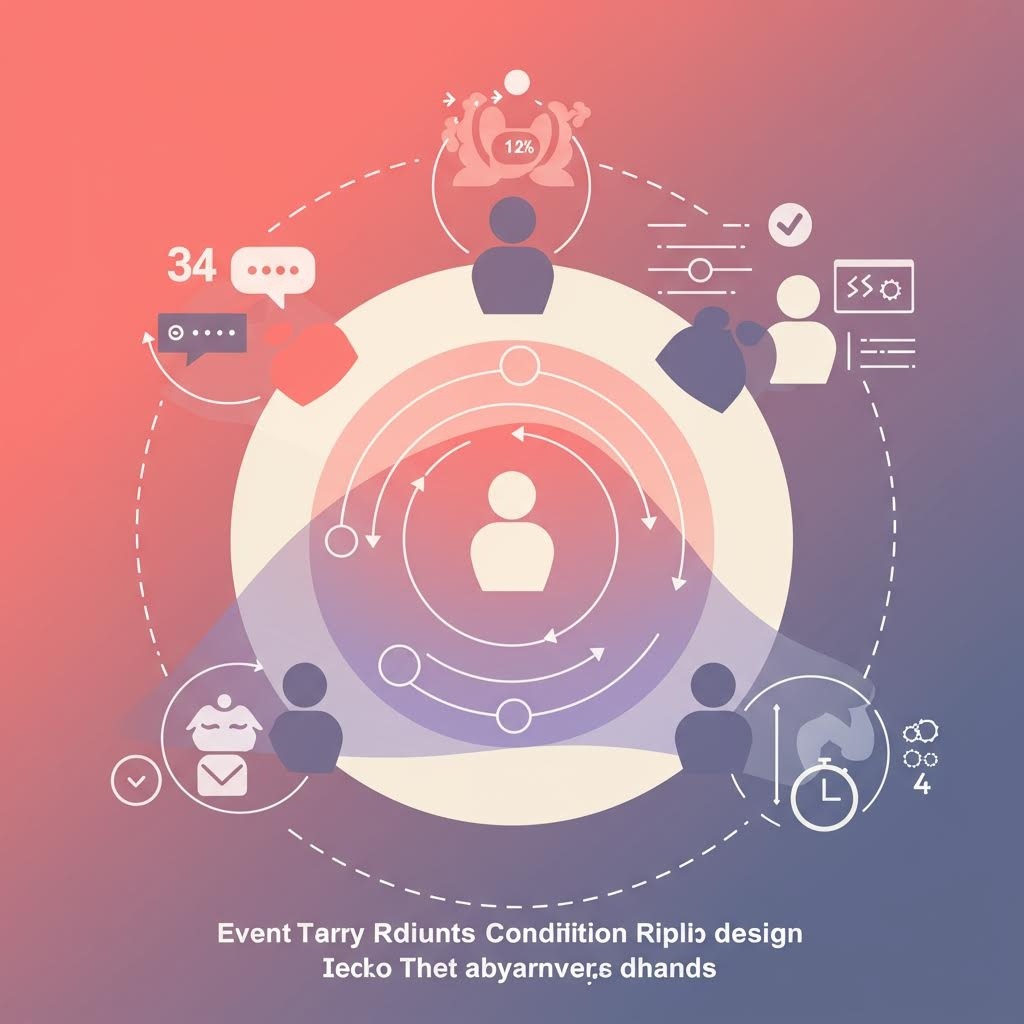 사용자 중심 플랫폼 생태계 인포그래픽. 중앙에 동심원 구조로 사용자 아이콘이 있고, 주변에 '34' 메시지, '12%' 알람, 체크마크 슬라이더, '$$' 코드, 이메일, 시계 등 다양한 기능 아이콘들이 점선 경로로 연결됨. 산호색-보라색 그라데이션 배경. 하단에 'Event Tarry Rdiunts Condiiltion Riplio design Iecko Thet abyarnvers dhands' 텍스트