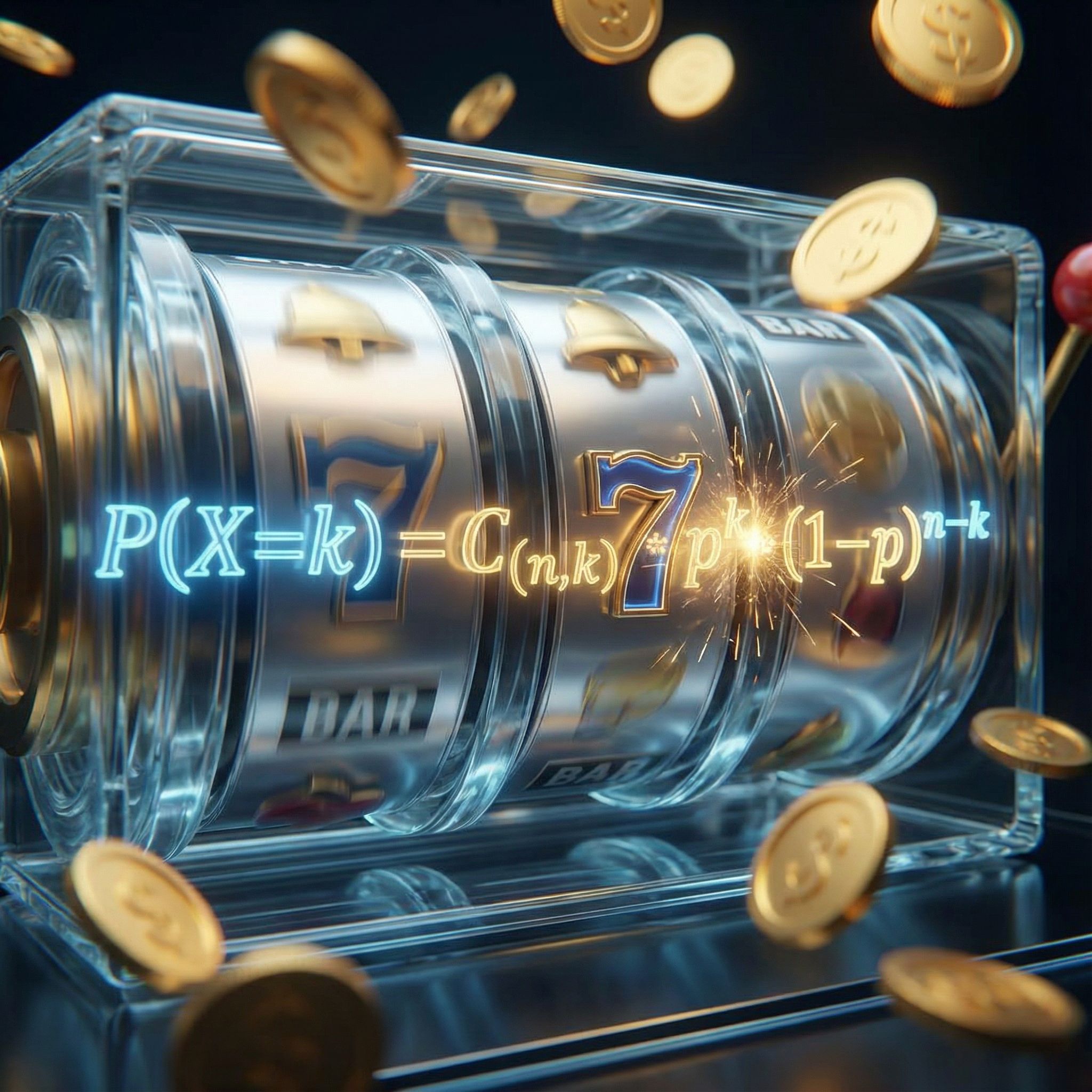 빛나는 수학 확률 방정식이 돌아가는 슬롯 릴 사이에서 완벽하게 자리 잡으며, 주변에는 쏟아지는 동전들이