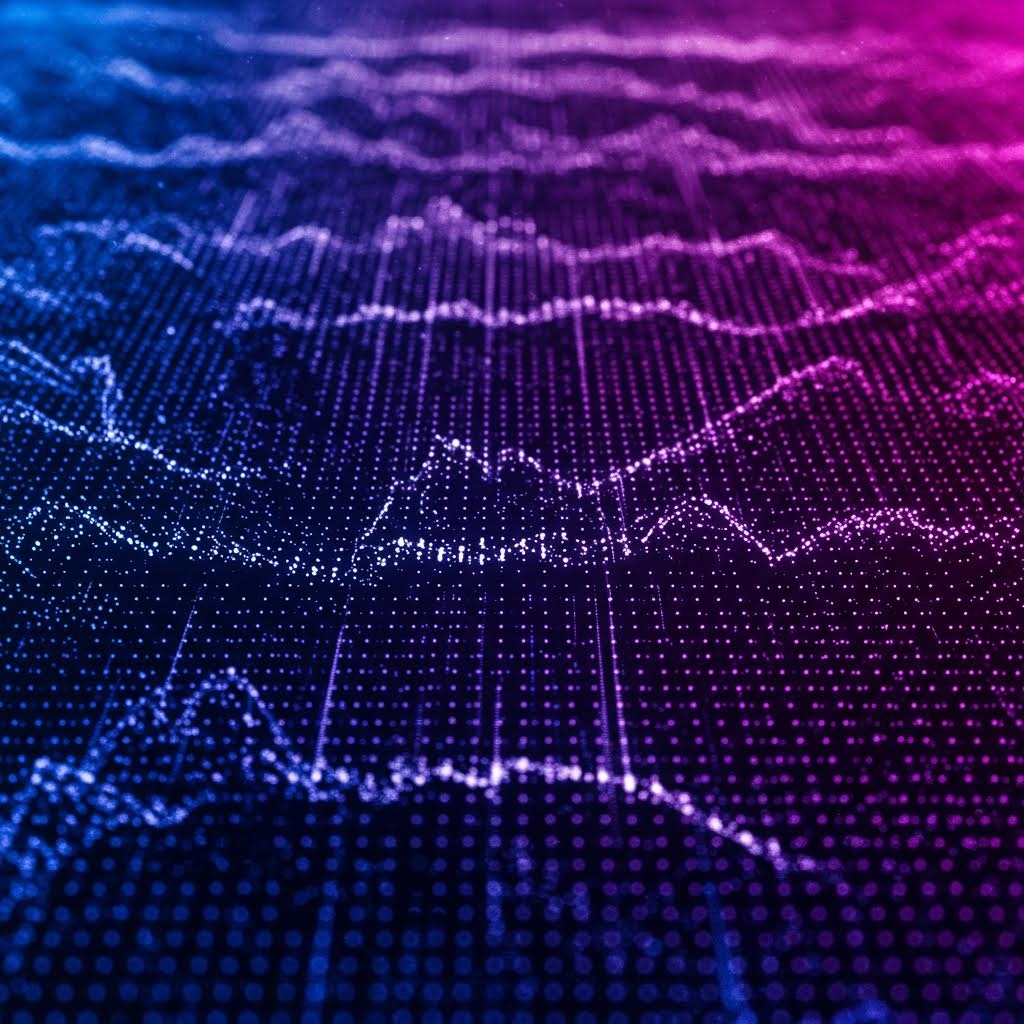 추상적인 3D 데이터 시각화. 파란색에서 마젠타 핑크로 그라데이션되는 입자 웨이브가 물결치며 흐르는 모습. 작은 점들로 구성된 유동적인 표면이 빛을 반사하며 역동적인 데이터 흐름을 표현함
