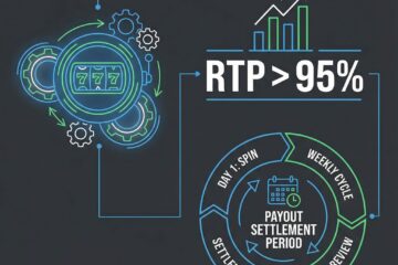회전하는 슬롯머신 릴과 큰 RTP 퍼센티지, 달력 주기로 정산 기간을 표현한 개념도이다.
