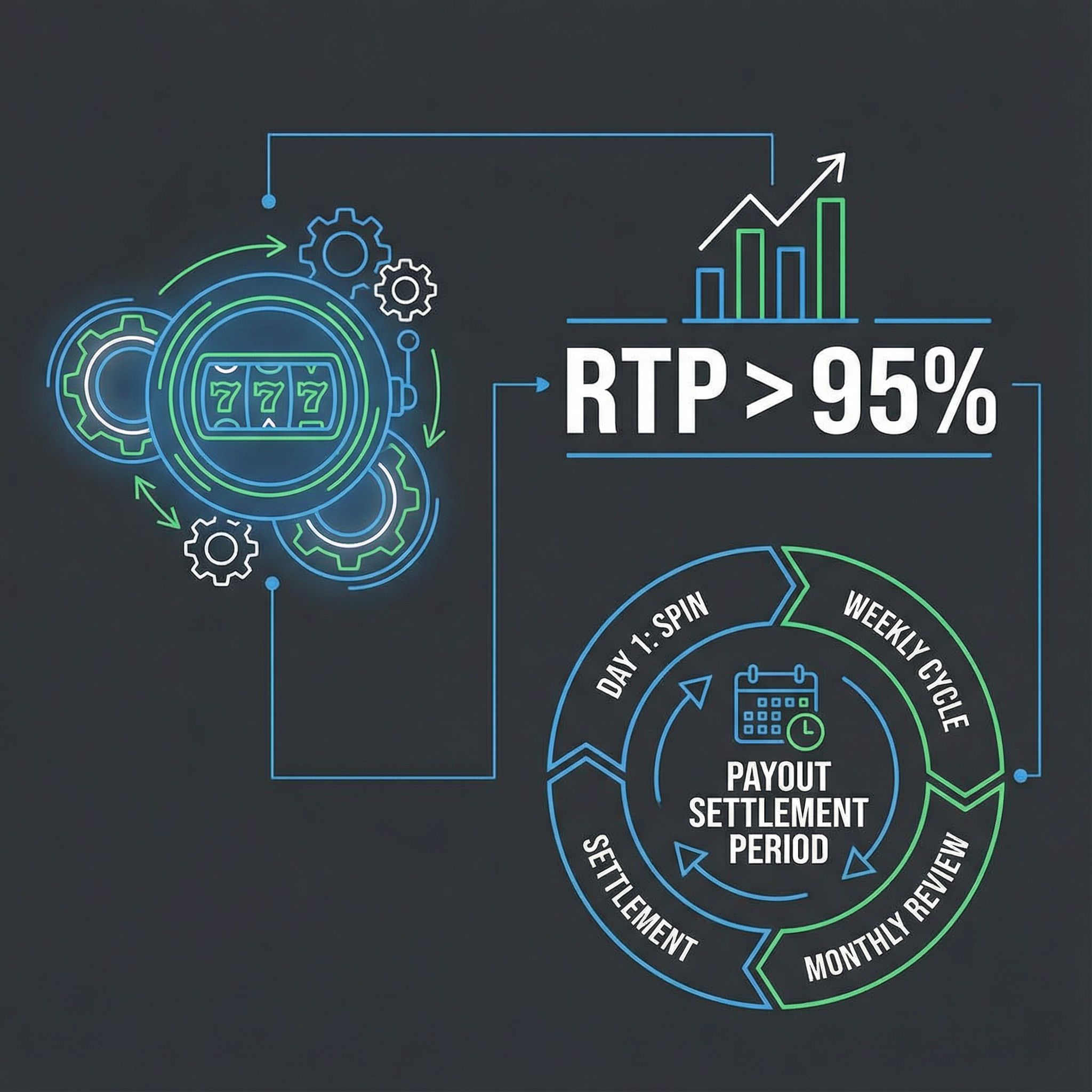 회전하는 슬롯머신 릴과 큰 RTP 퍼센티지, 달력 주기로 정산 기간을 표현한 개념도이다.