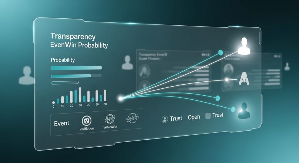 투명성과 공정한 승률을 보여주는 미래형 홀로그램 대시보드. 'Transparency EvenWin Probability' 제목 아래 확률 슬라이더와 막대 그래프가 있으며, 'Event', 'Verification', 'Socicaties' 배지가 표시됨. 우측에 사용자 아이콘들이 'Trust', 'Open', 'Trust' 라벨과 함께 네트워크로 연결되어 있음. 청록색 그라데이션 배경