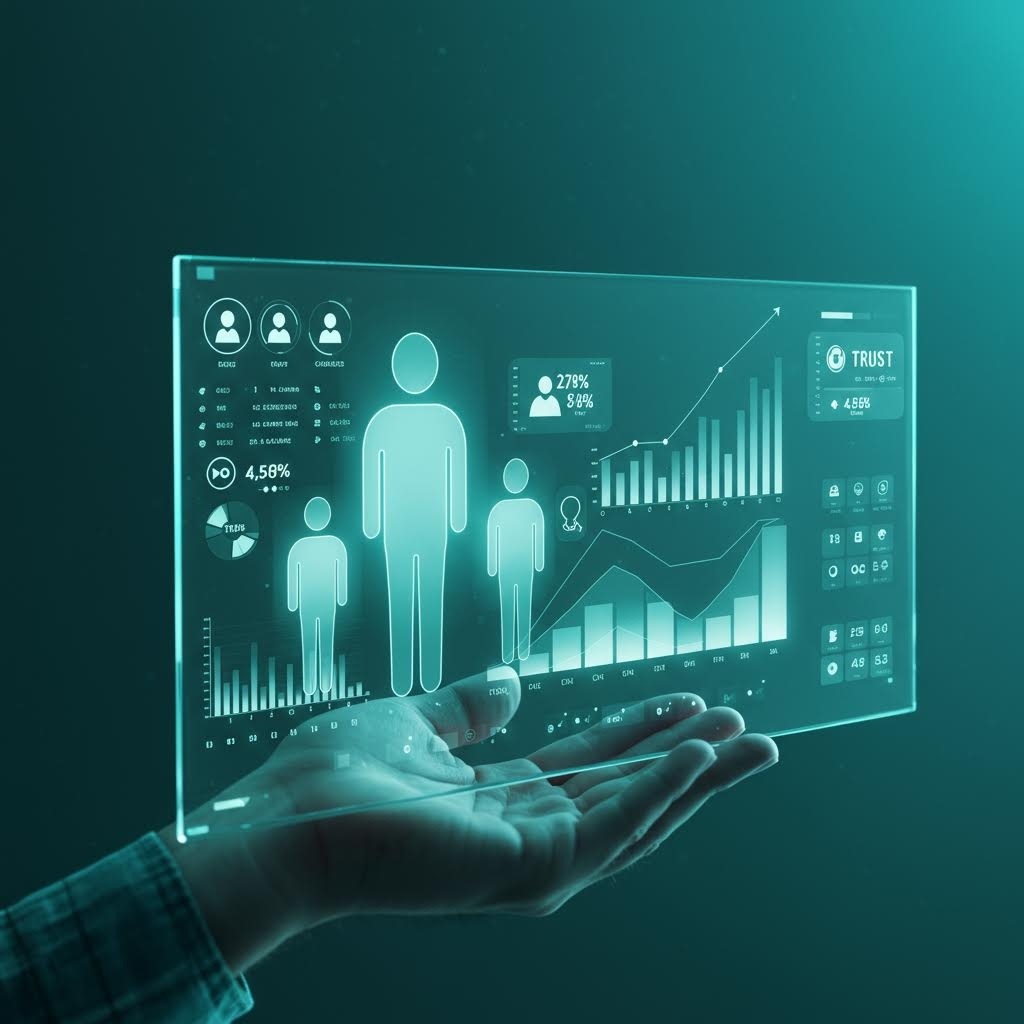 손바닥 위에 떠있는 투명한 데이터 분석 홀로그램. 세 명의 사용자 아이콘(Good, ioiot, Oubitest), 4.50% 통계, 지구본, 27%와 8.0% 비율, 상승 추세선 그래프, 우측에 'TRUST' 패널(4.606 통계)과 다양한 보안 아이콘들이 청록색 네온으로 표시됨