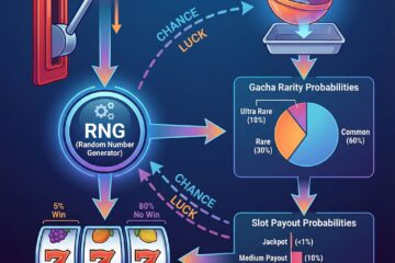 회색 배경에 슬롯머신 레버와 가챠 캡슐, 확률 퍼센트가 화살표로 연결된 확률 메커니즘 인포그래픽이다.