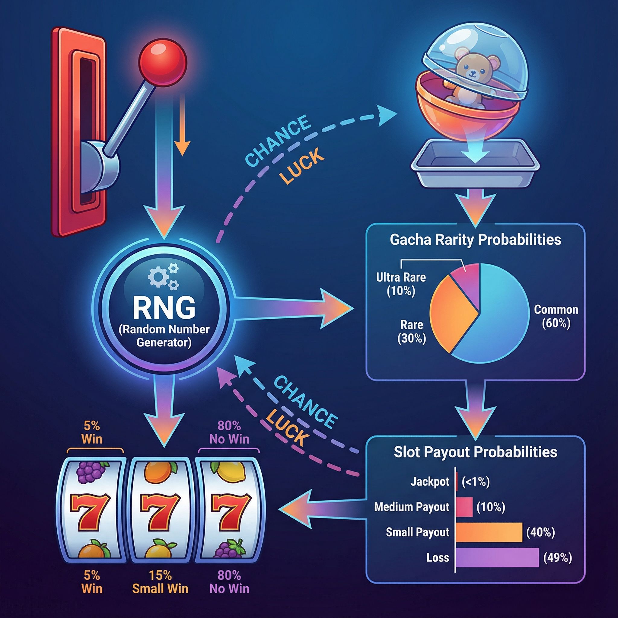회색 배경에 슬롯머신 레버와 가챠 캡슐, 확률 퍼센트가 화살표로 연결된 확률 메커니즘 인포그래픽이다.
