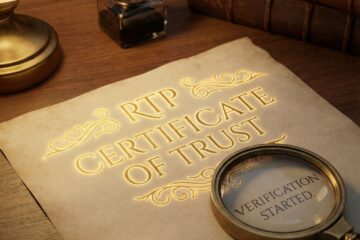 빛나는 RTP 인증서 위에 놓인 돋보기가 검증과 신뢰의 시작점을 상징하는 모습이다.