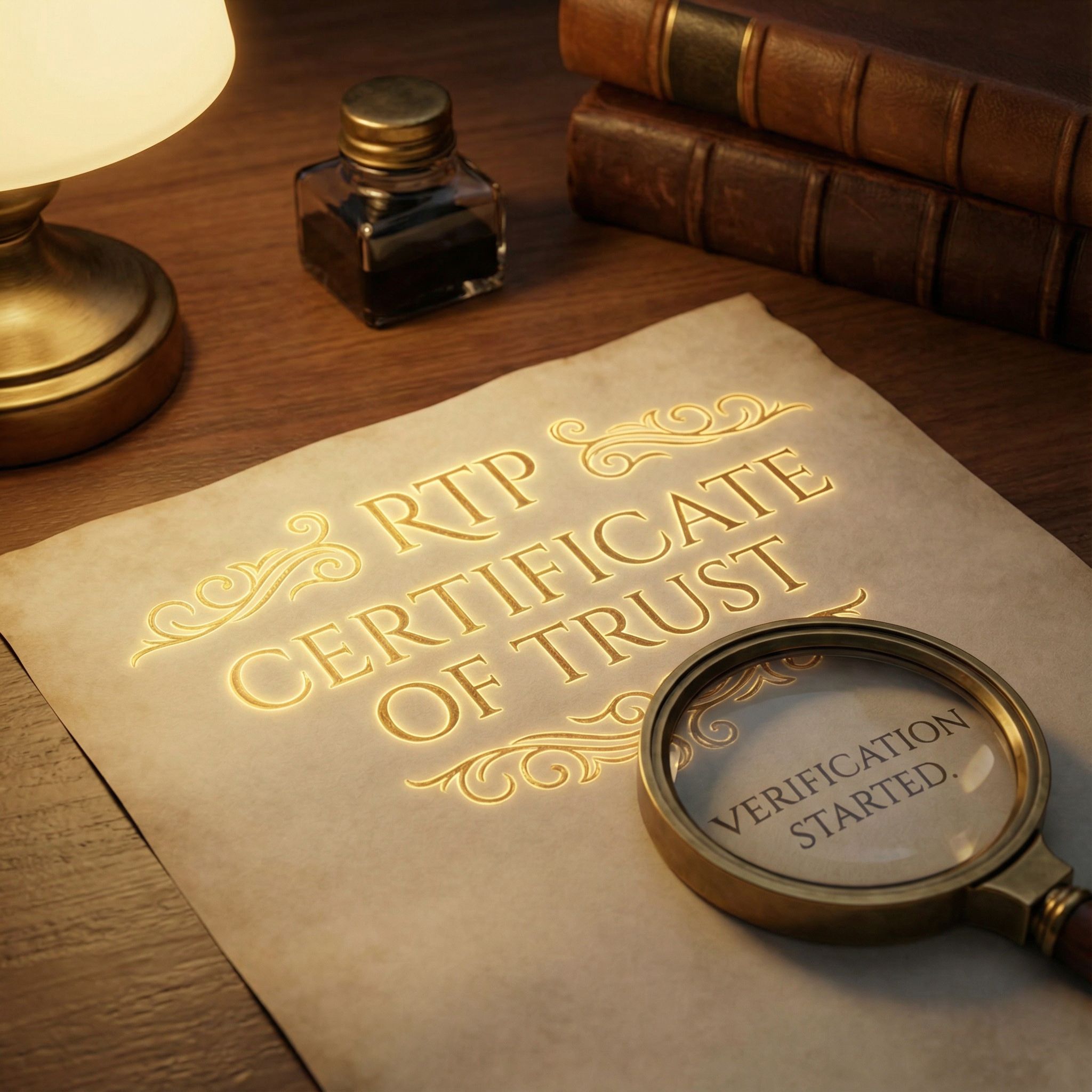 빛나는 RTP 인증서 위에 놓인 돋보기가 검증과 신뢰의 시작점을 상징하는 모습이다.