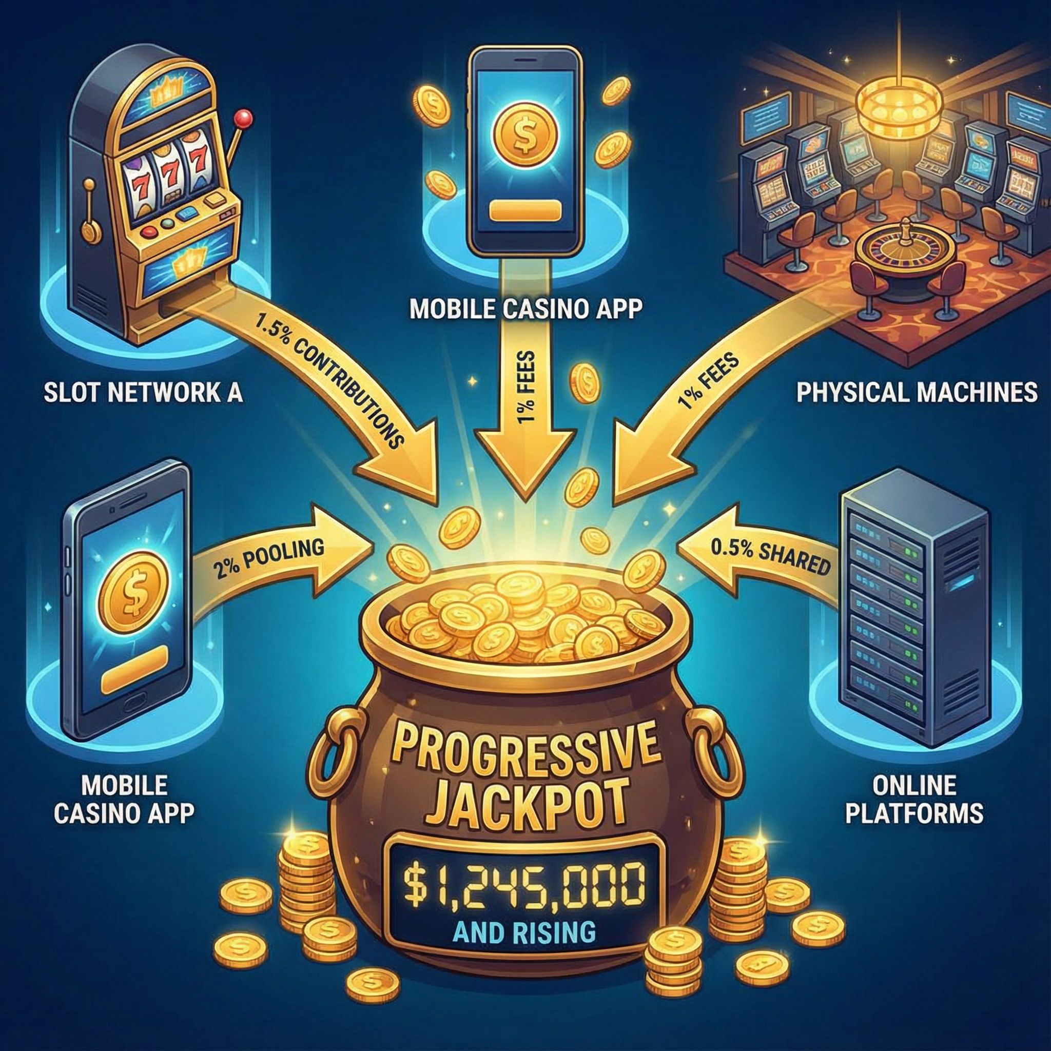 여러 출처에서 화살표를 따라 모인 동전들이 퍼센트 표시와 함께 하나의 점점 커지는 상금 단지에 쌓이는