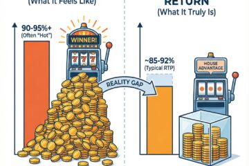 인포그래픽에서 과장된 동전 더미와 실제 통계 차트로 슬롯머신의 예상 수익률과 실제 수익률을 대비한 모습이다.