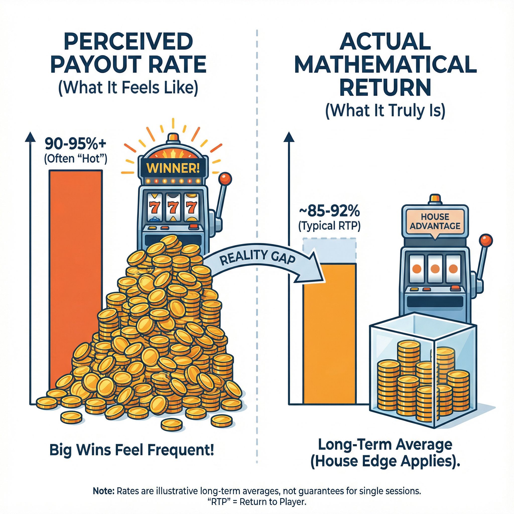 인포그래픽에서 과장된 동전 더미와 실제 통계 차트로 슬롯머신의 예상 수익률과 실제 수익률을 대비한 모습이다.