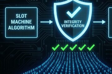 회색 배경에 이진법 코드와 체크 표시가 깔린 가운데, 슬롯머신 알고리즘에서 무결성 검증 방패 아이콘으로