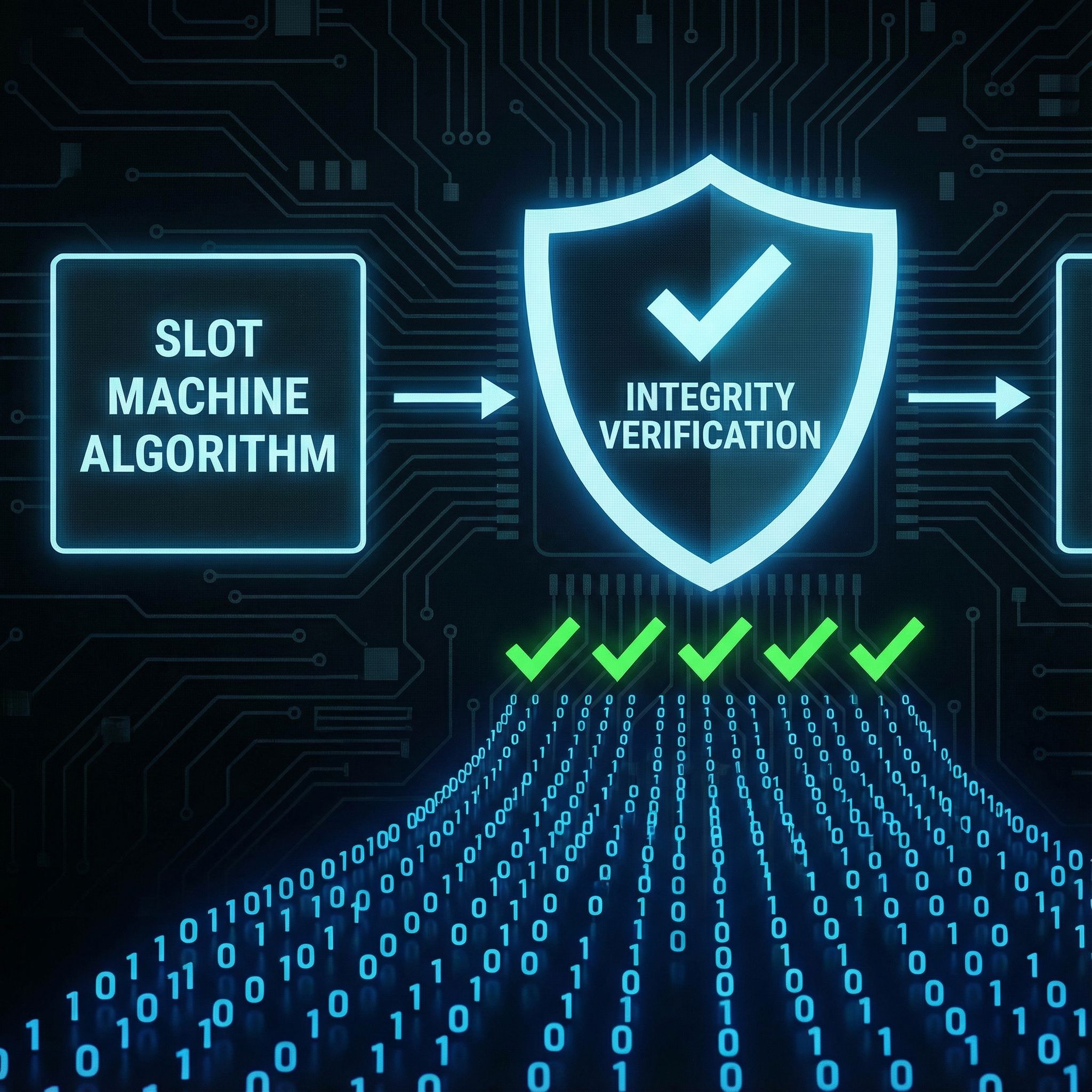 디지털 흐름을 따라 이동한 정보가 보호 문양 안에서 확인 표시로 정리되는 기술적 순간