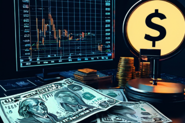 가짜 지폐와 방송 카메라, 주식 그래프 위에 물음표와 경고 표시가 겹쳐진 개념도이다.