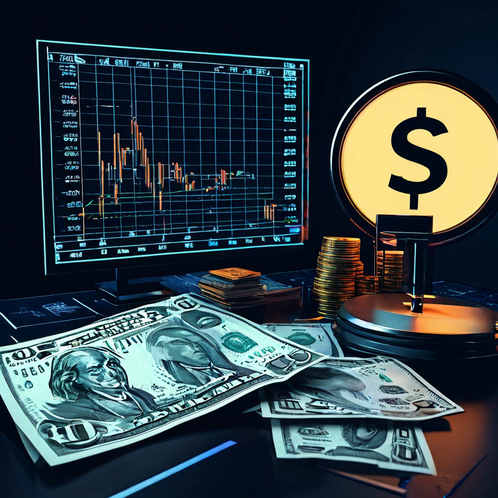 가짜 지폐와 방송 카메라, 주식 그래프 위에 물음표와 경고 표시가 겹쳐진 개념도이다.