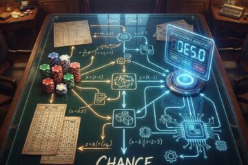 포커 칩과 배팅 차트가 디지털 난수 생성기로 연결된 복잡한 흐름도가 전략과 우연의 기반을 상징합니다.