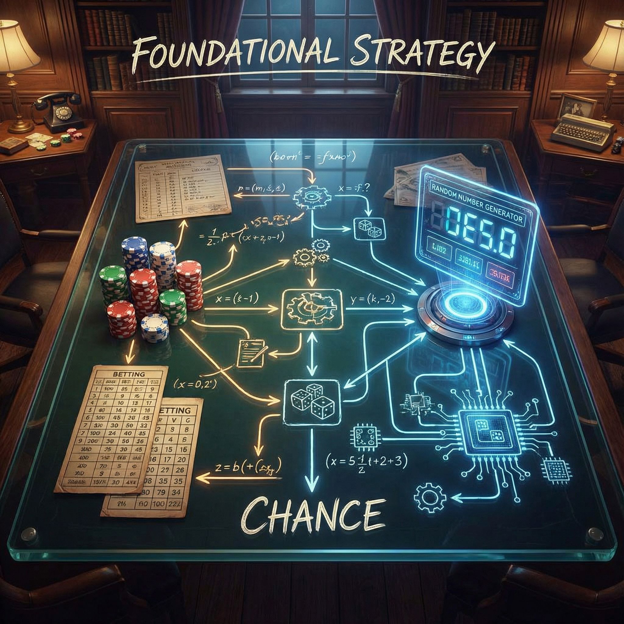 포커 칩과 배팅 차트가 디지털 난수 생성기로 연결된 복잡한 흐름도가 전략과 우연의 기반을 상징합니다.