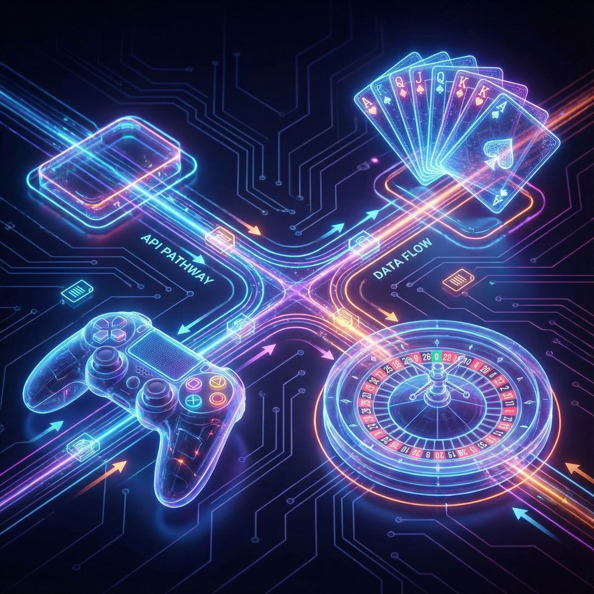 빛나는 API 경로로 연결된 게임 컨트롤러가 룰렛과 카드에 이어져 있는 개념도입니다.