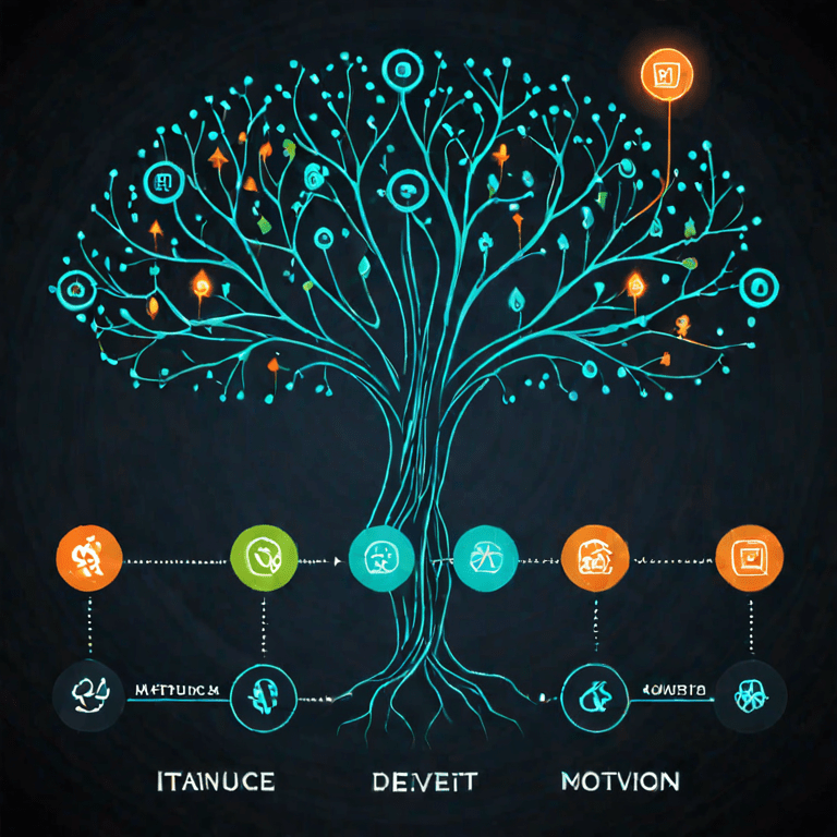 네온 청록색 디지털 나무 인포그래픽 성장과 발전 단계를 보여주는 아이콘 연결 다이어그램