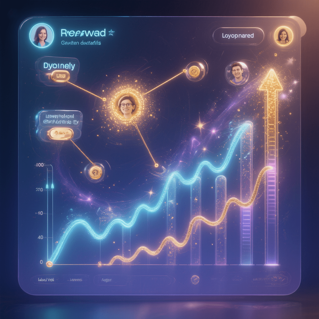 우주 테마의 사용자 진행 상황 추적 인터페이스 네트워크 노드와 성장 그래프가 있는 게이미피케이션 대시보드