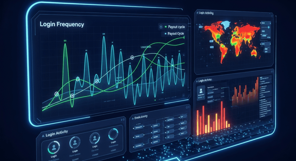 로그인 빈도 분석 대시보드 세계 지도와 막대 그래프가 있는 네온 블루 사용자 활동 모니터링 인터페이스