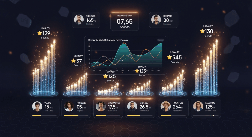 충성도 포인트 대시보드 별 아이콘과 반짝이는 기둥 효과가 있는 사용자 행동 심리학 분석 인터페이스